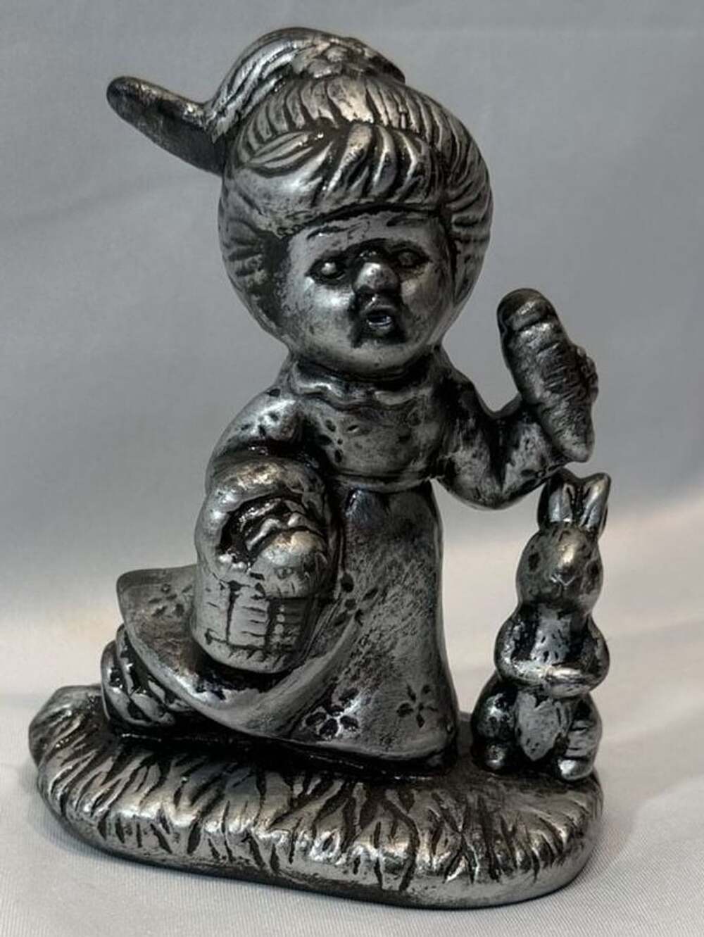 Vintage Pewter Girl In Bonnet With Bunny Rabbit Figurine 180